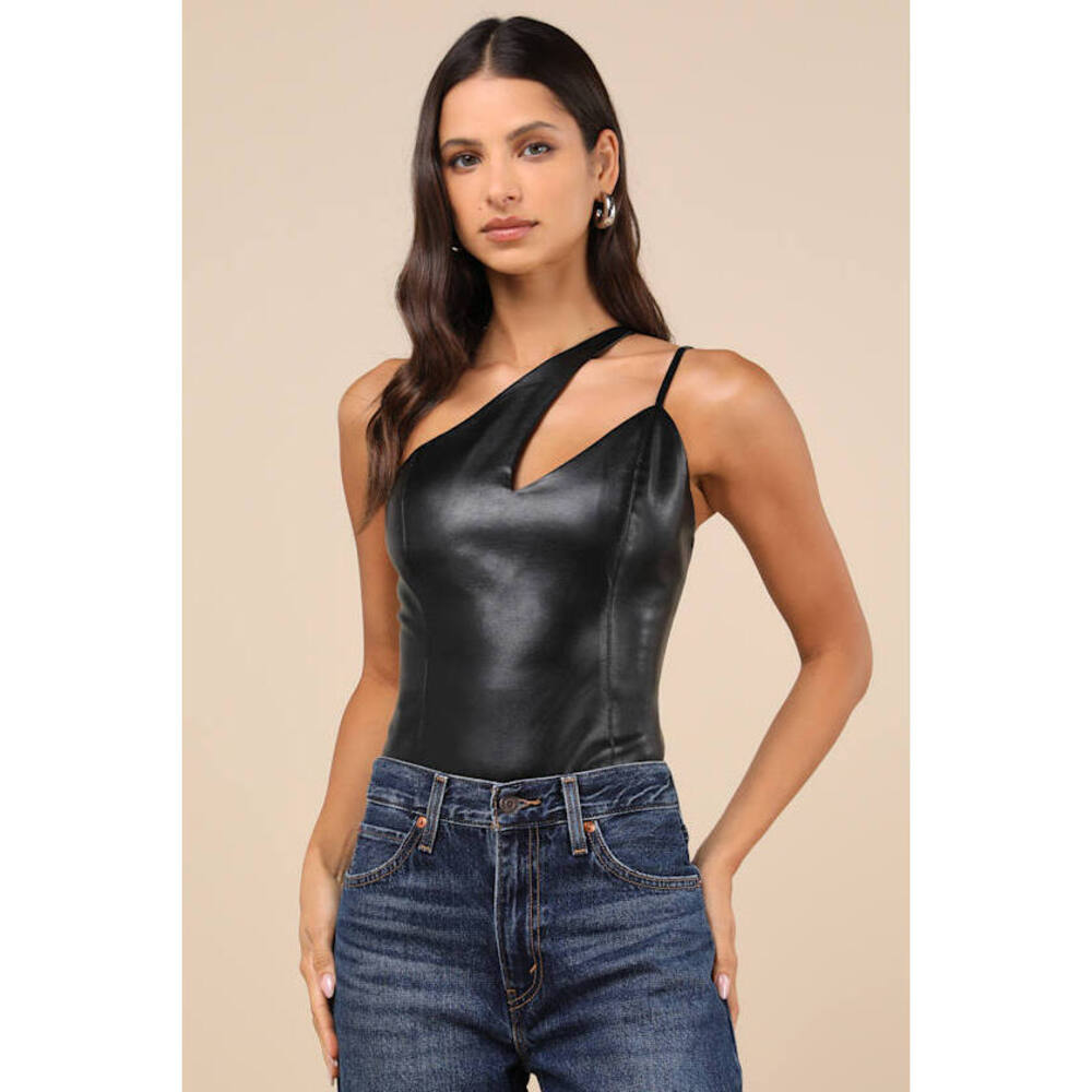 Lulus Attractive Influence Black Vegan Leather One-shoulder Bodysuit - Size L